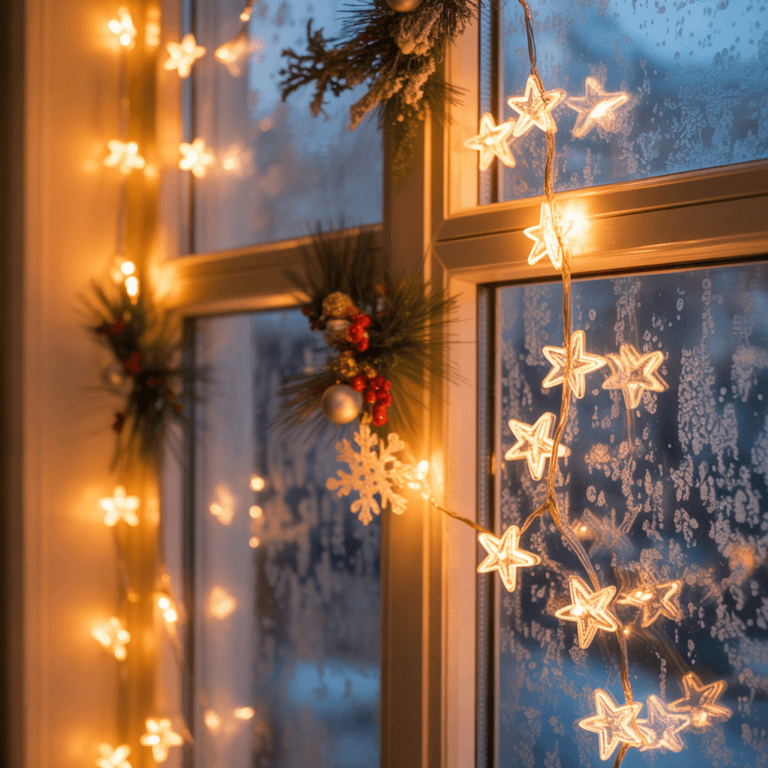 Christmas window corner decorated with lights and greenery