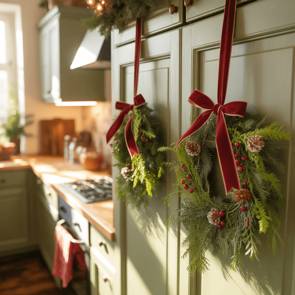 Christmas wreaths on kitchen cabinets.