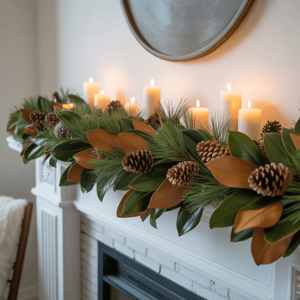 Close up of neutral DIY Christmas garland with silver dollar eucalyptus and fluffy cotton bolls