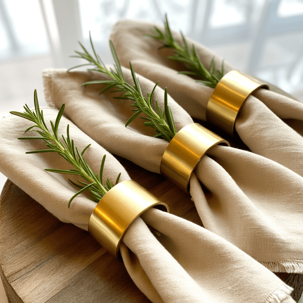 Cloth napkin with rosemary sprig on an elegant Christmas table.