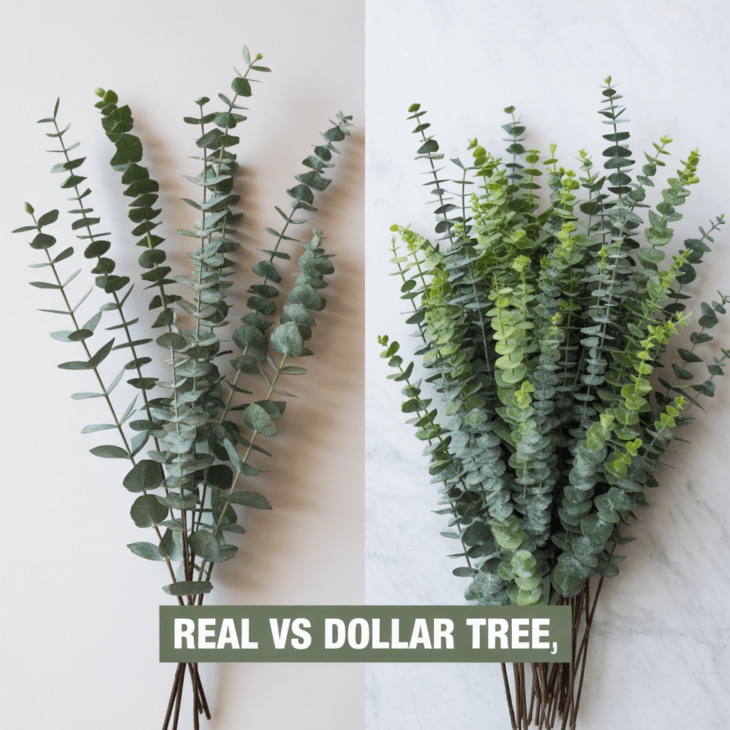 Comparison of real eucalyptus vs Dollar Tree faux eucalyptus stems for budget holiday greenery