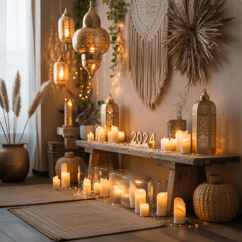 Cozy boho lighting for New Year entryway
