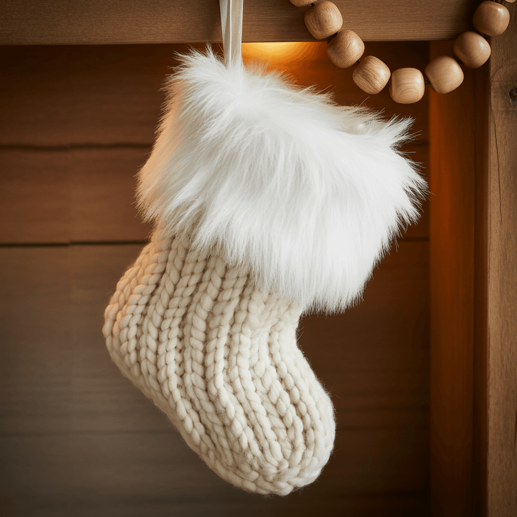 Cream Boho Christmas stocking with knit texture and faux fur cuff.