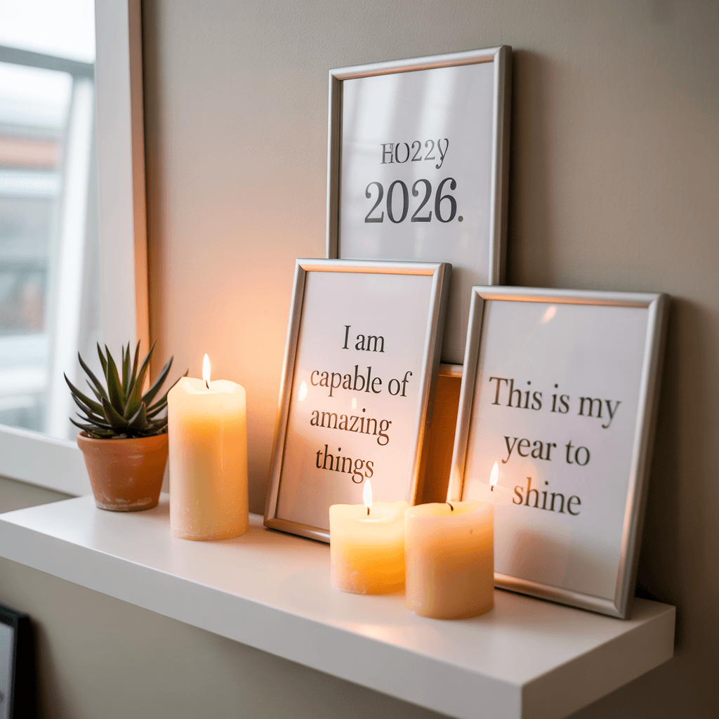 DIY New Year affirmation decor styled on shelf