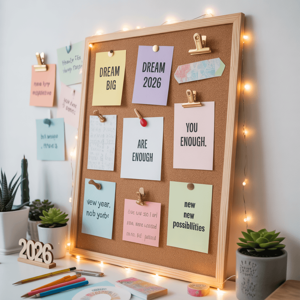 DIY New Year affirmation decor using corkboard