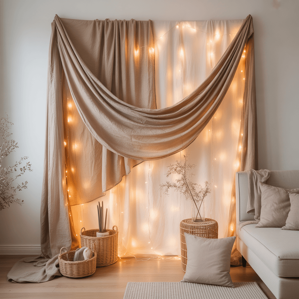 DIY New Year backdrop using fabric with neutral cotton fabric and warm fairy lights