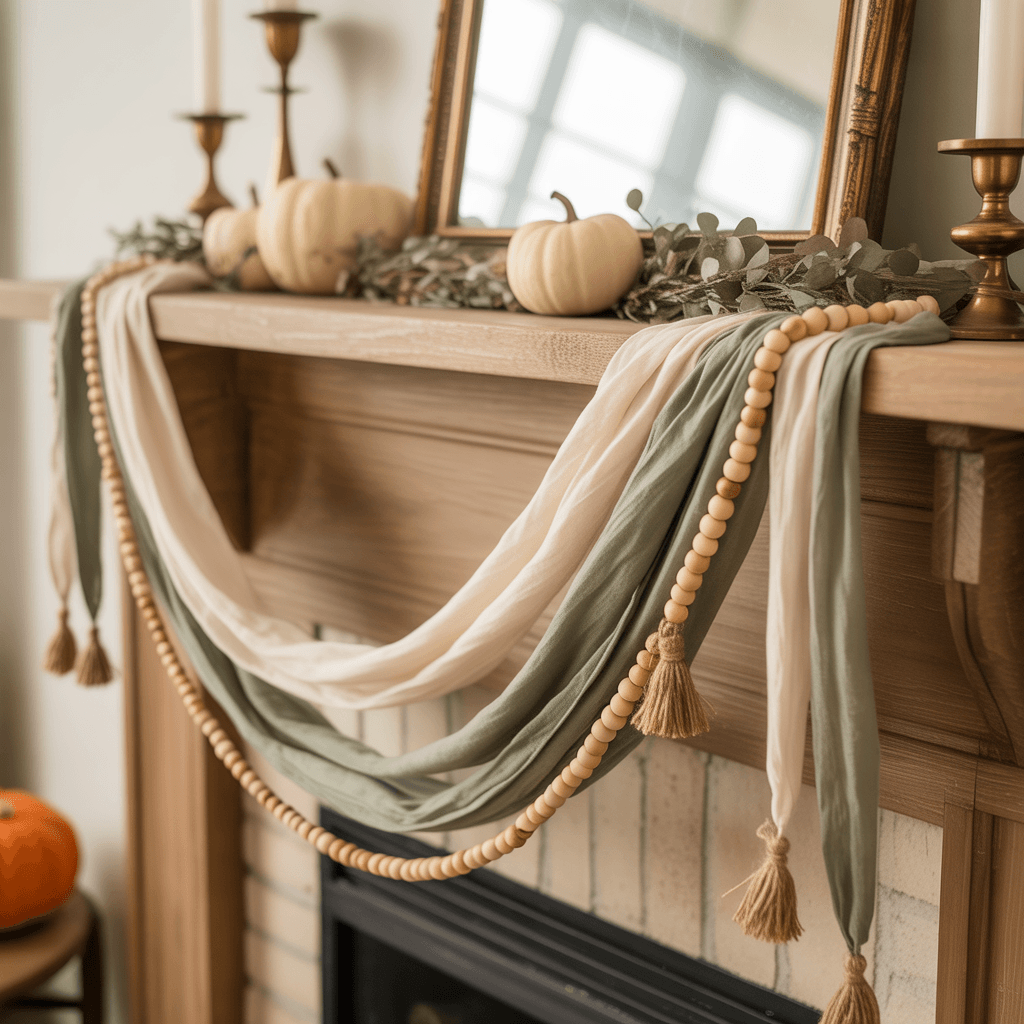  DIY New Year garlands with fabric and wooden beads
