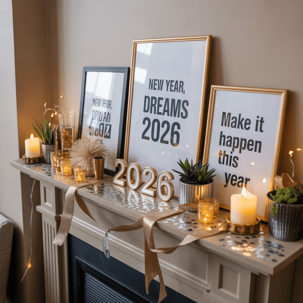 DIY New Year mantel decor with positive quotes