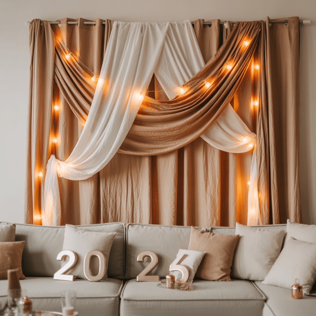 DIY New Year party decor fabric backdrop with layered beige and white fabric