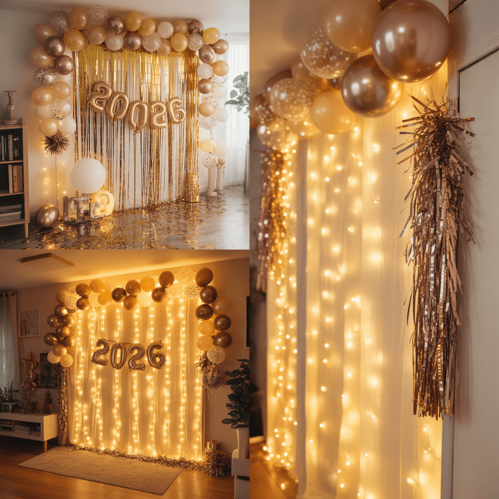 DIY New Year photo backdrop ideas at home using balloon wall