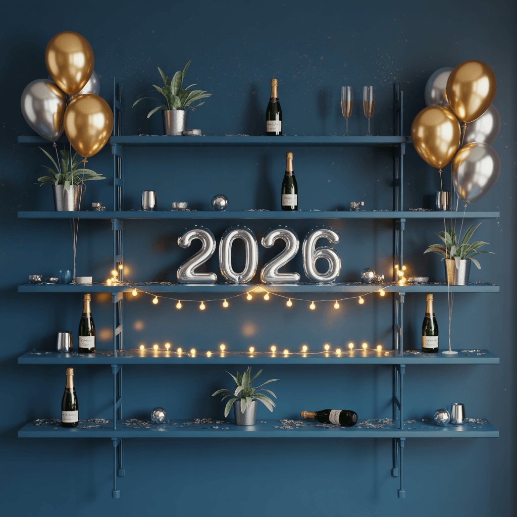 DIY New Year photo backdrop ideas at home using shelves