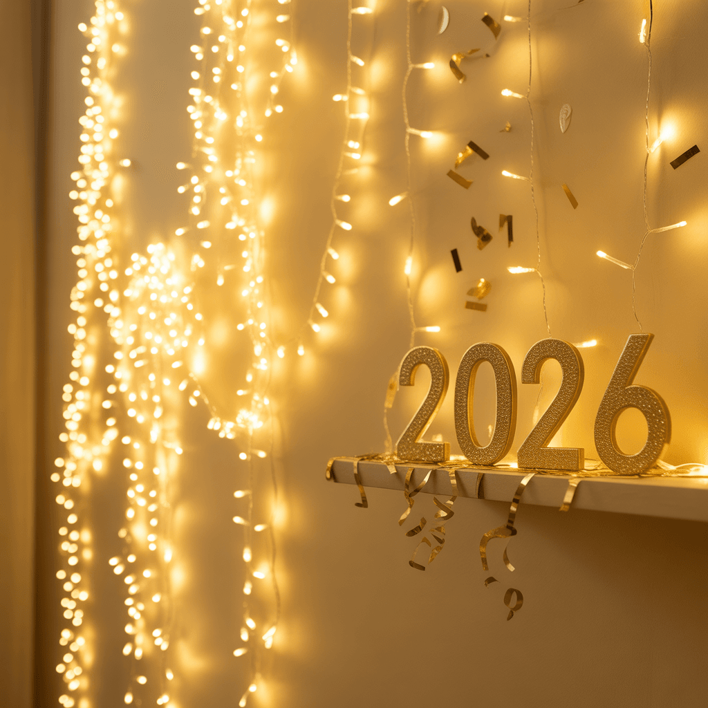 DIY New Year photo backdrop ideas at home with curtain lights