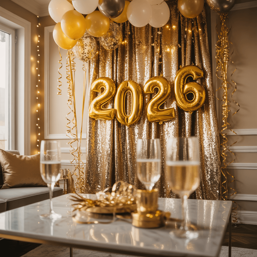 DIY New Year photo backdrop ideas at home with gold accents