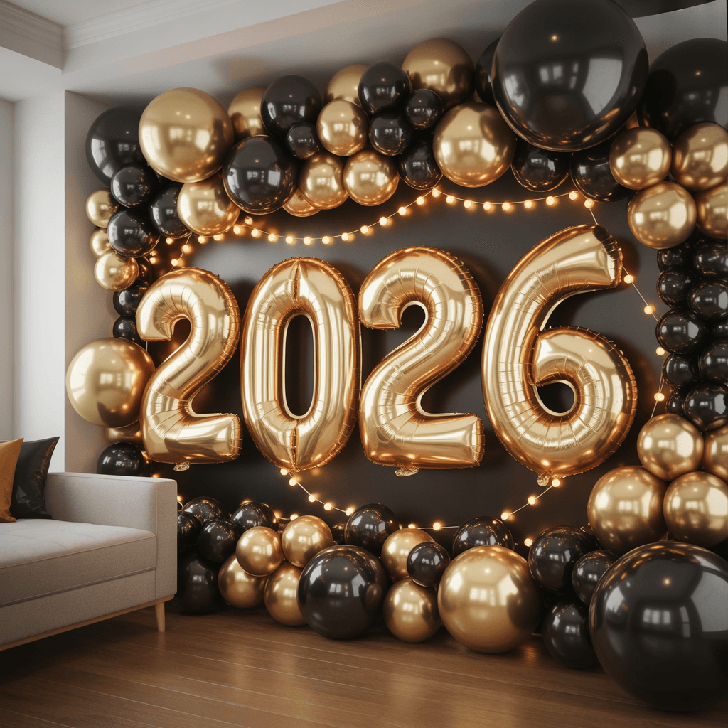 DIY New Year photo booth decor with black and gold balloon wall and metallic accents