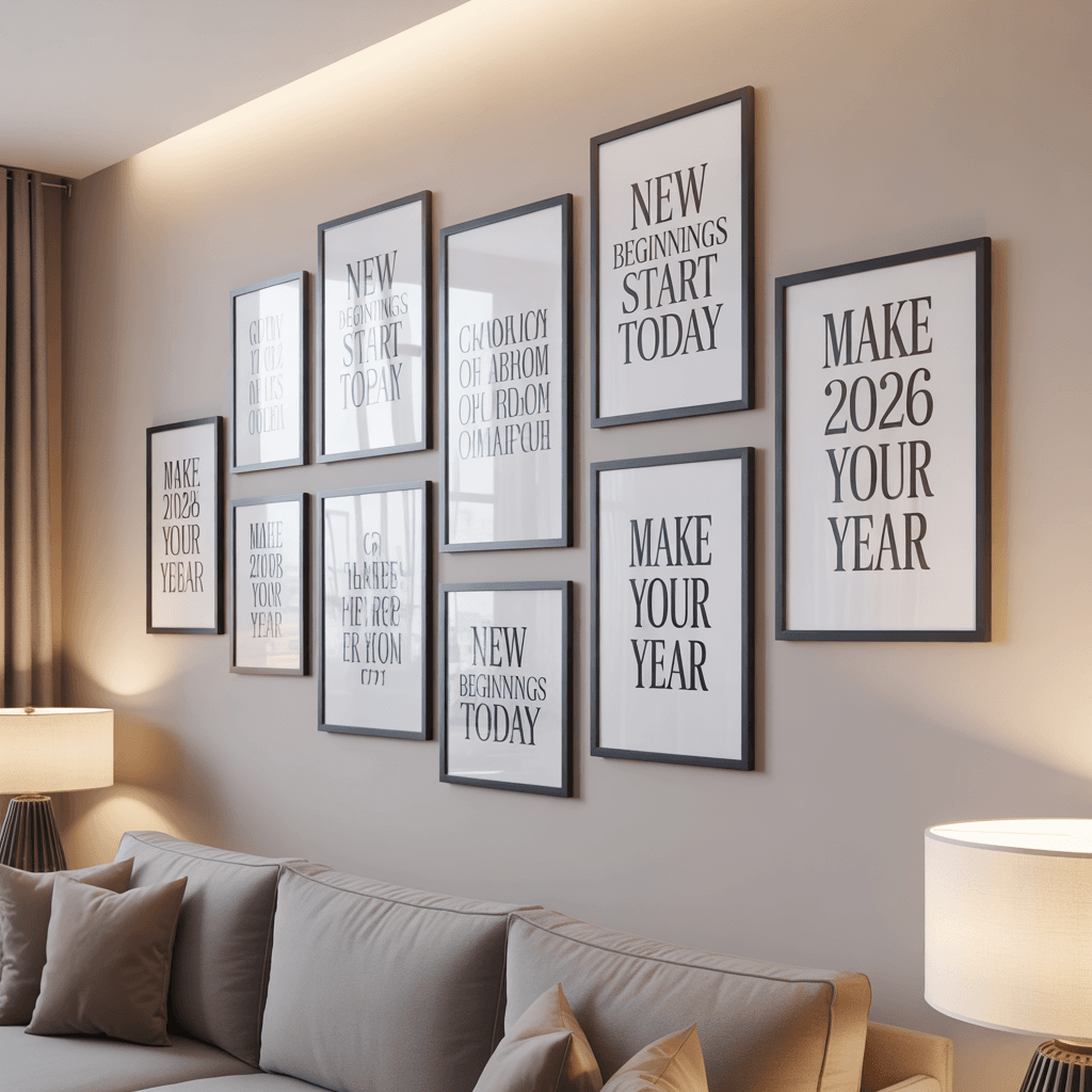 DIY New Year quote wall decor with framed motivational quotes in a gallery layout