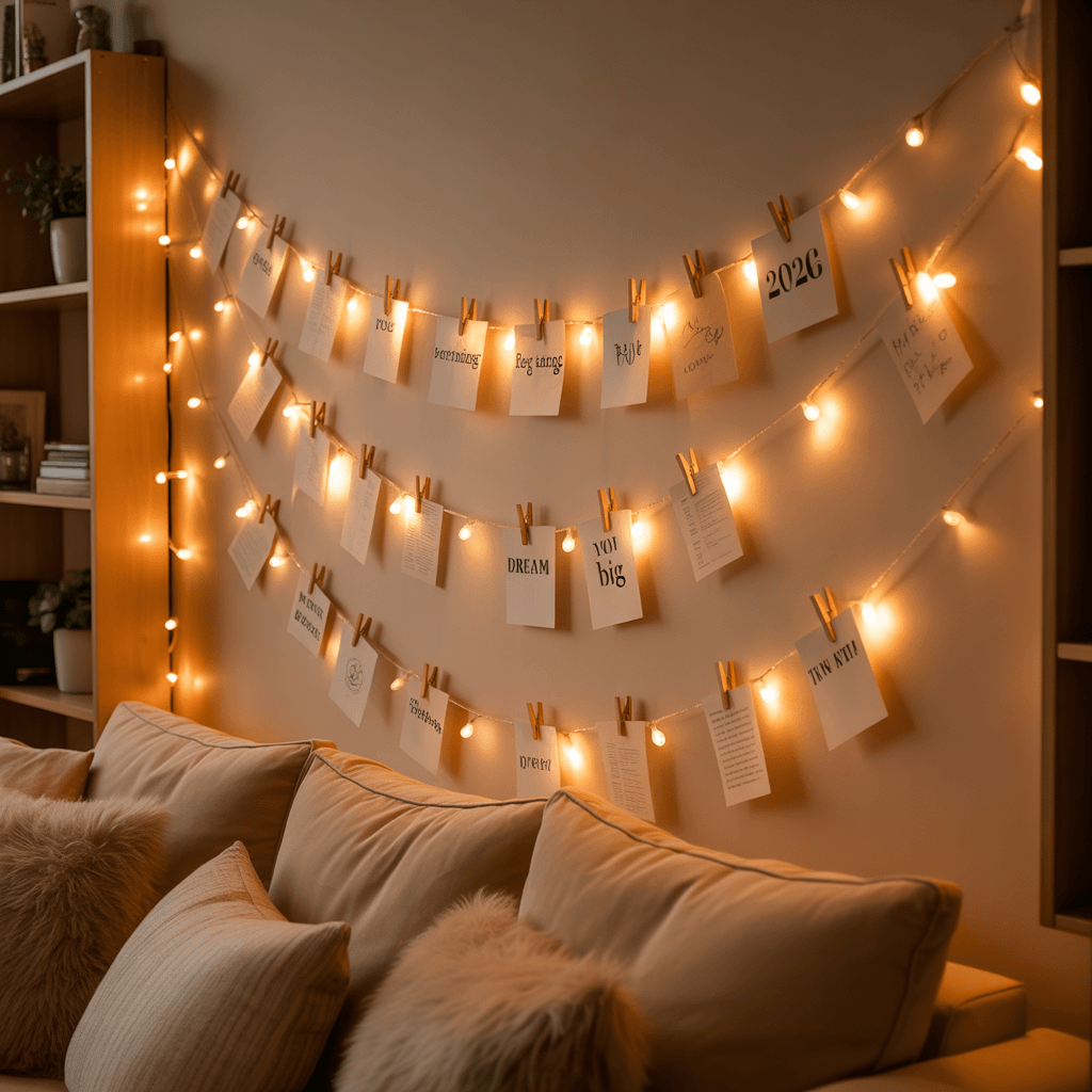DIY New Year quote wall decor with quotes and warm fairy lights