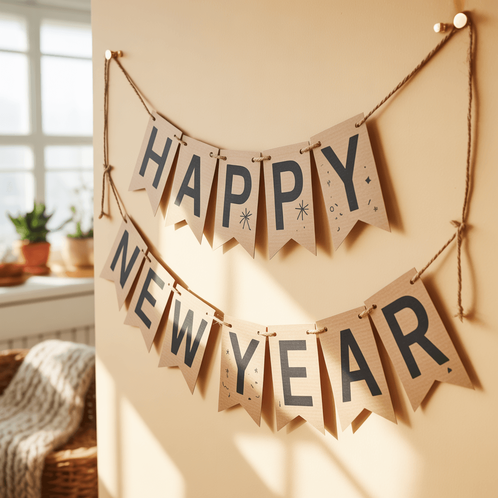 DIY New Year wall decor ideas using a handmade banner.