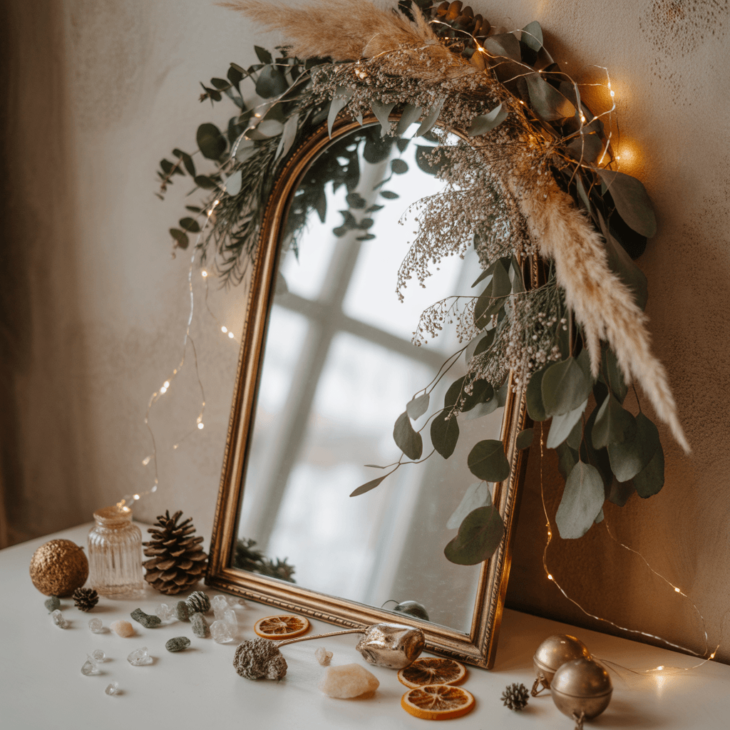 DIY boho New Year decorations with mirror styling