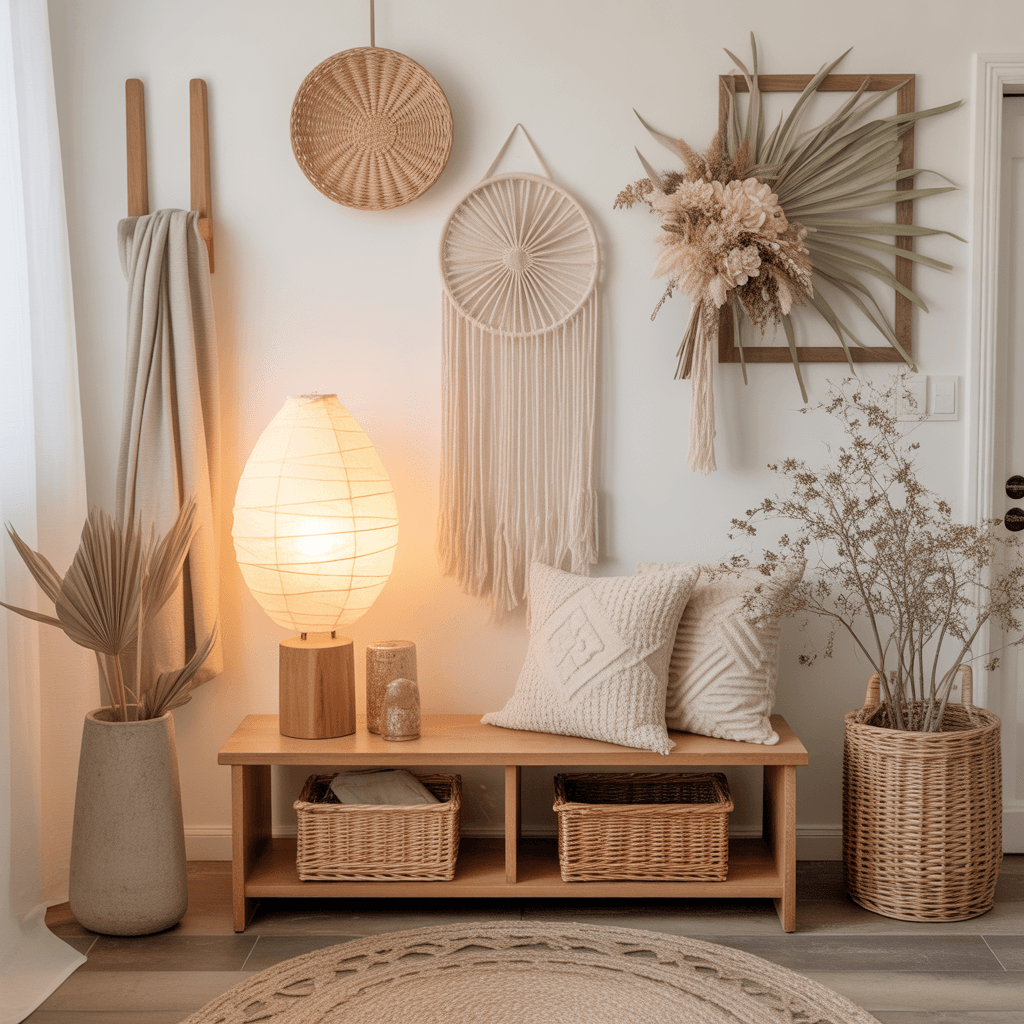 DIY boho New Year entryway styling with neutral tones and natural textures