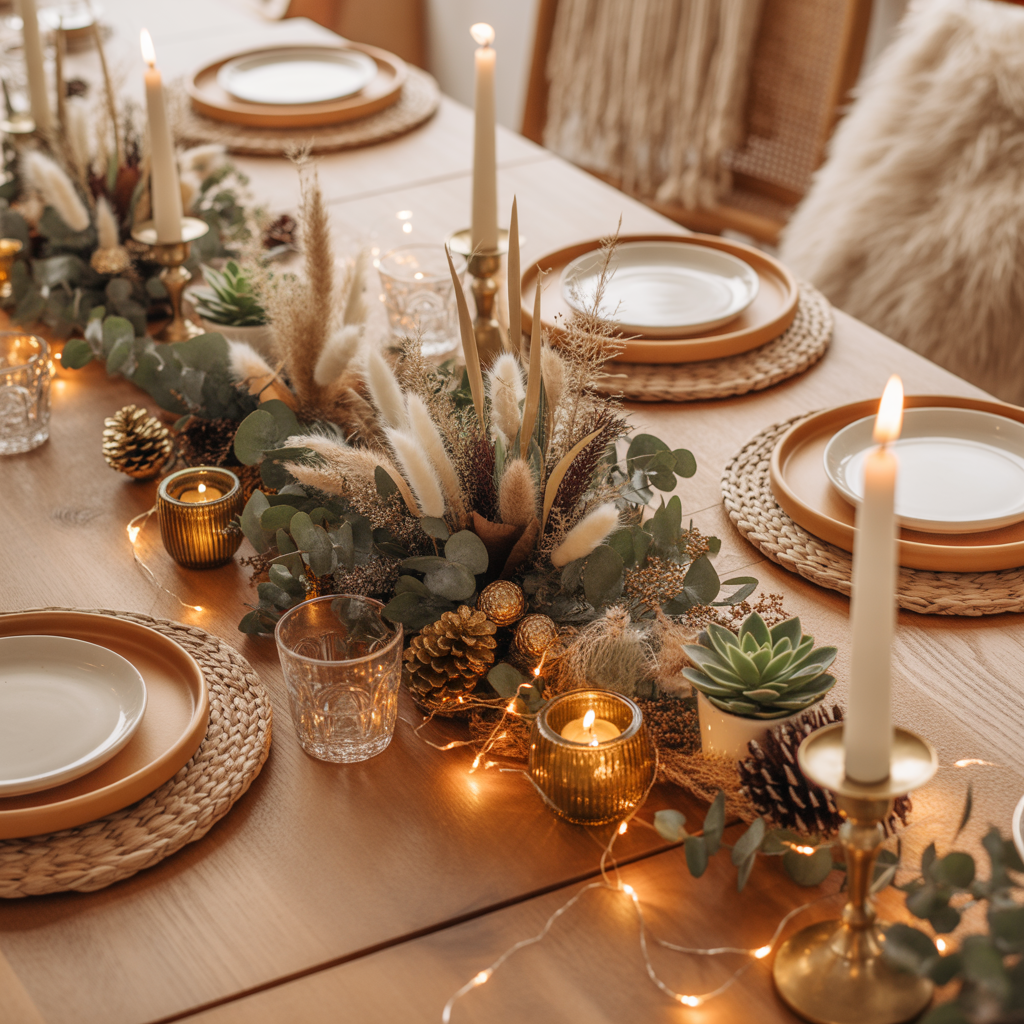 DIY boho New Year table decor low centerpiece