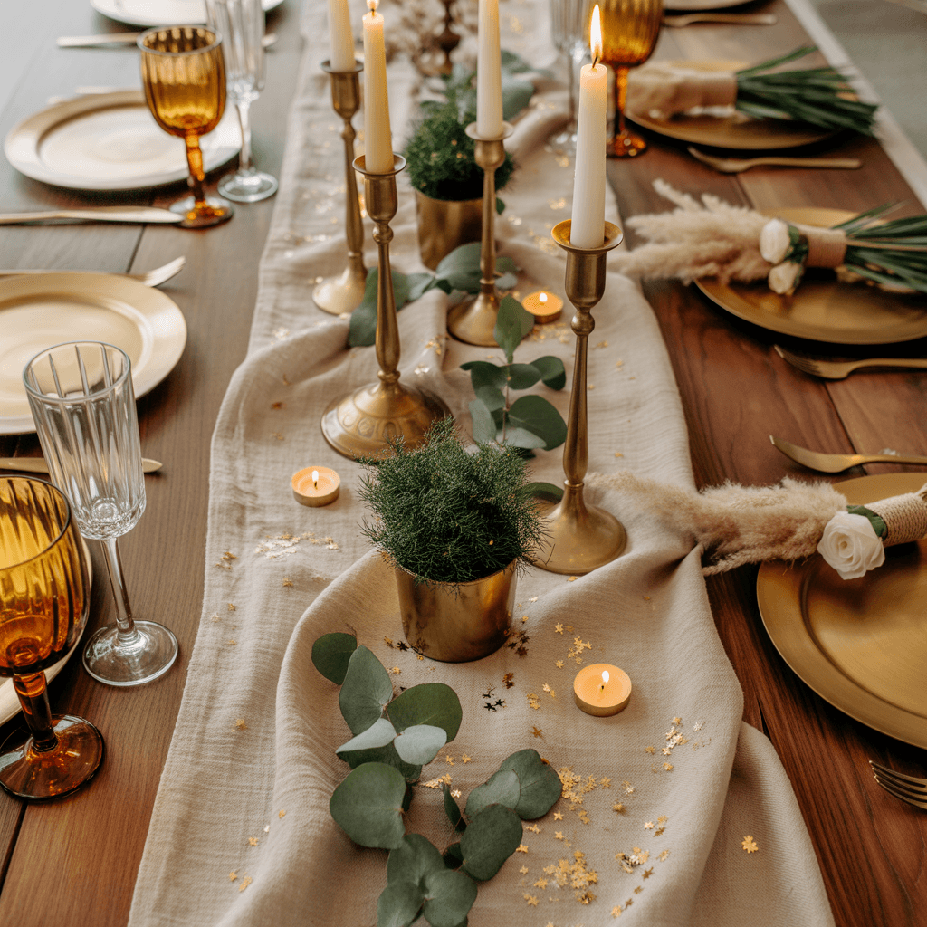 DIY boho New Year table decor with linen runner