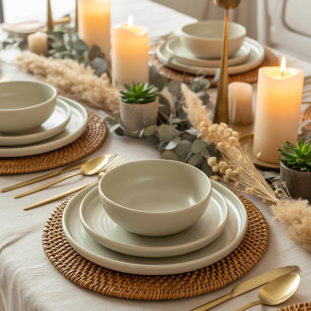 DIY boho New Year table decor with stoneware plates