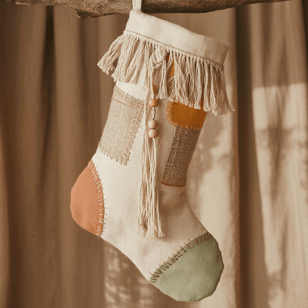 DIY linen Boho Christmas stocking with fringe and patchwork.