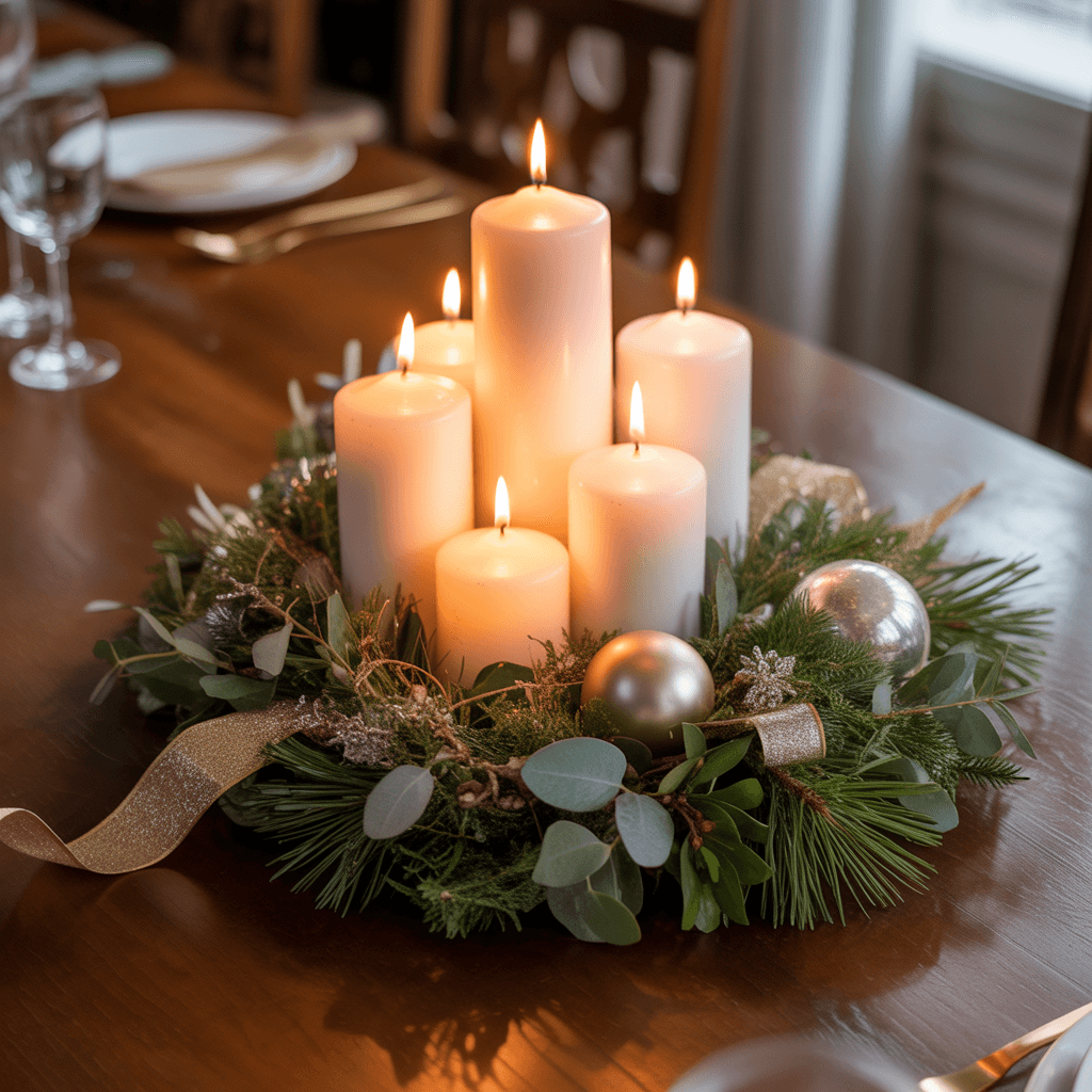 DIY neutral New Year centerpieces using candles and greenery