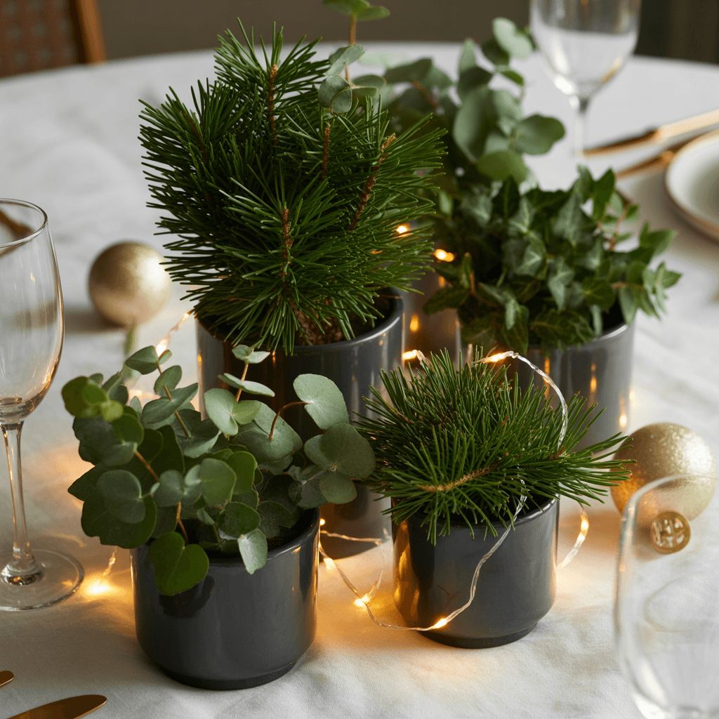 DIY neutral New Year centerpieces using potted greenery