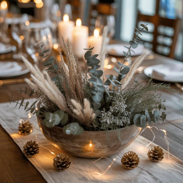 DIY neutral New Year centerpieces with dried greenery