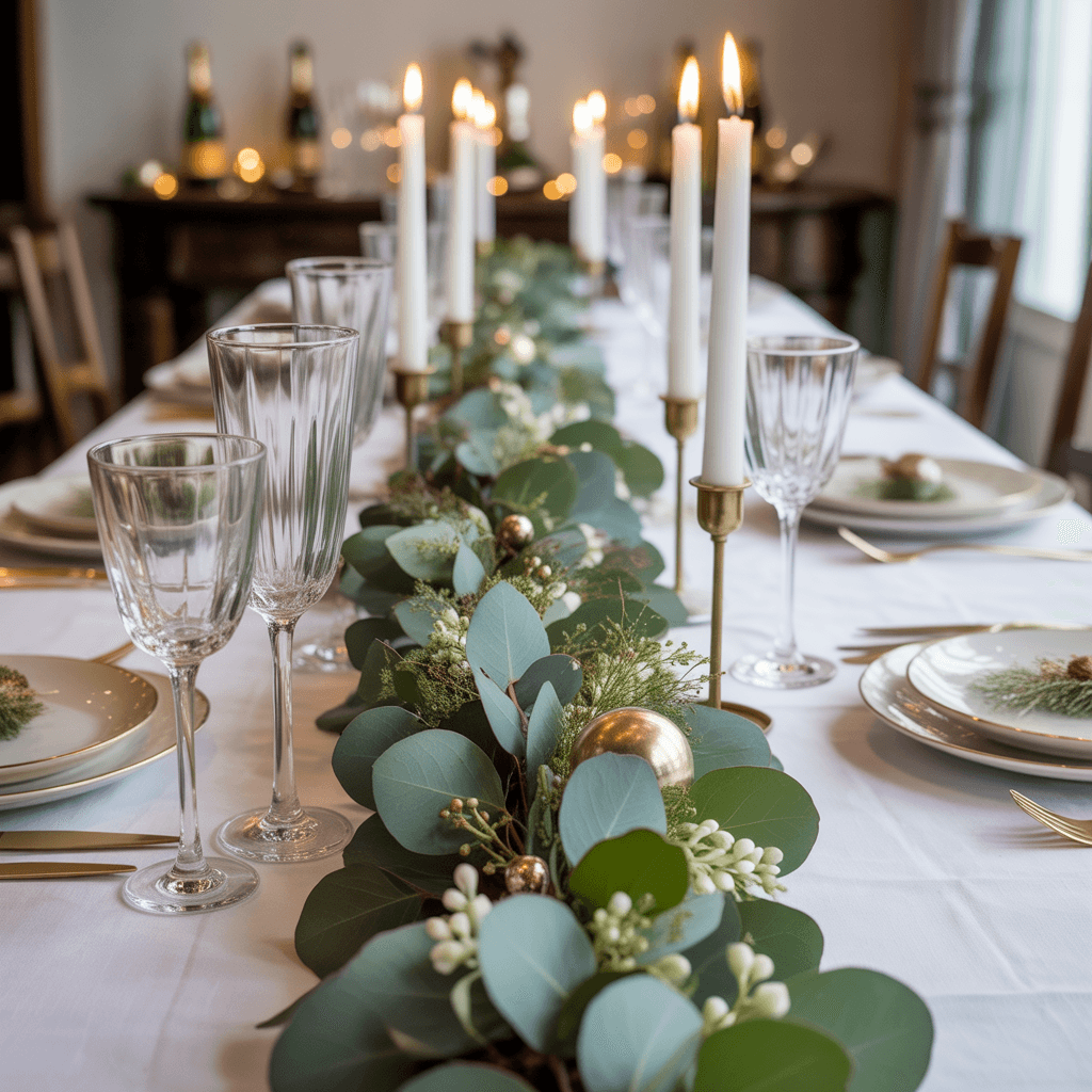 DIY neutral New Year centerpieces with eucalyptus garland