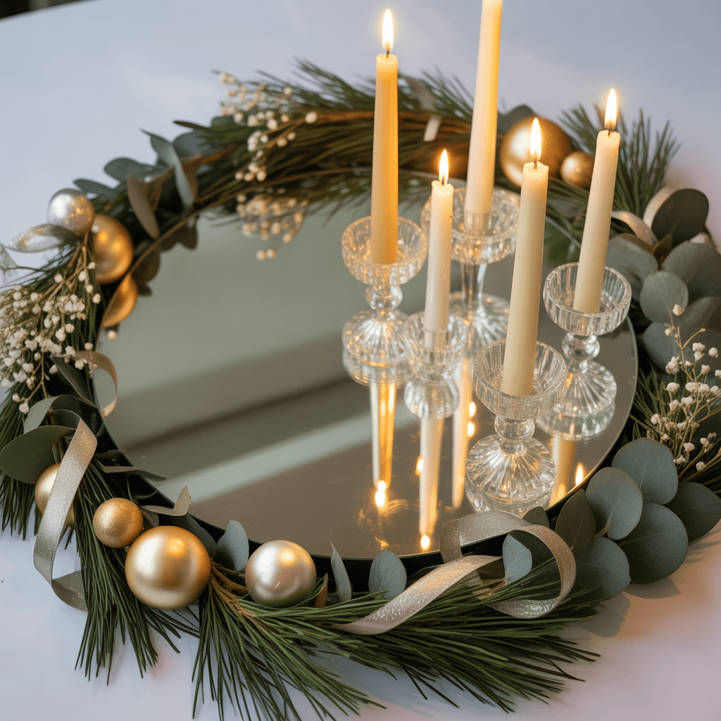 DIY neutral New Year centerpieces with mirror base