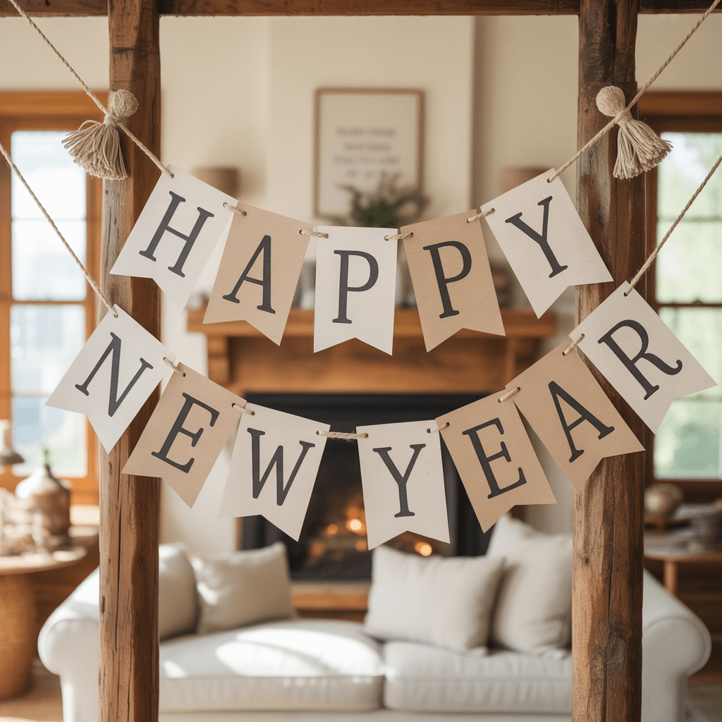 DIY neutral New Year decorations banner for cozy home decor.