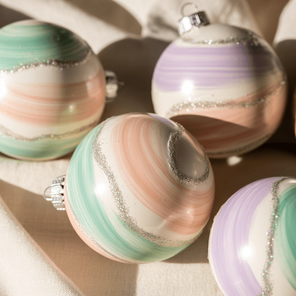  DIY pastel Christmas ornaments in pink, lavender, and mint.