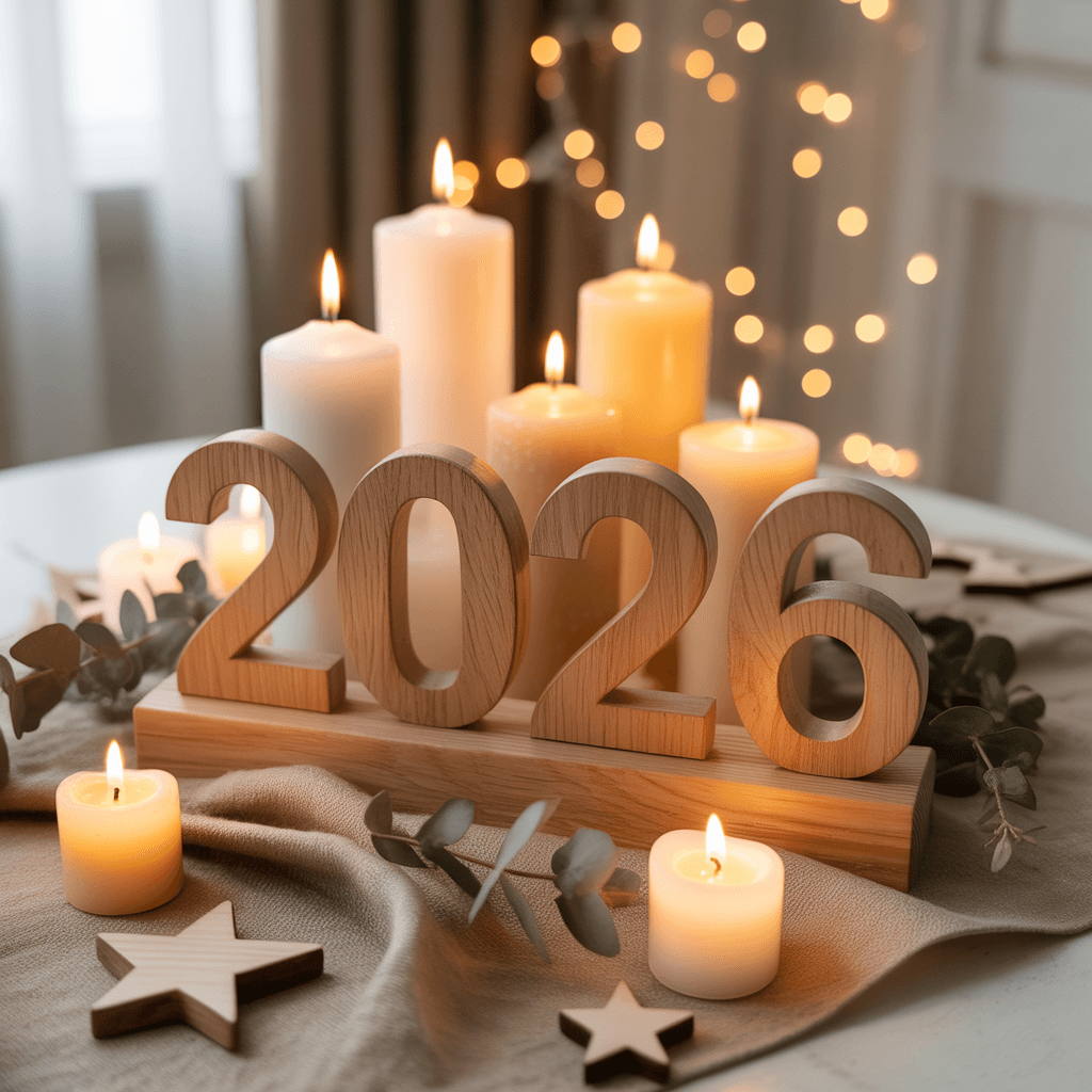 DIY wooden neutral New Year decorations for a cozy home 2026.