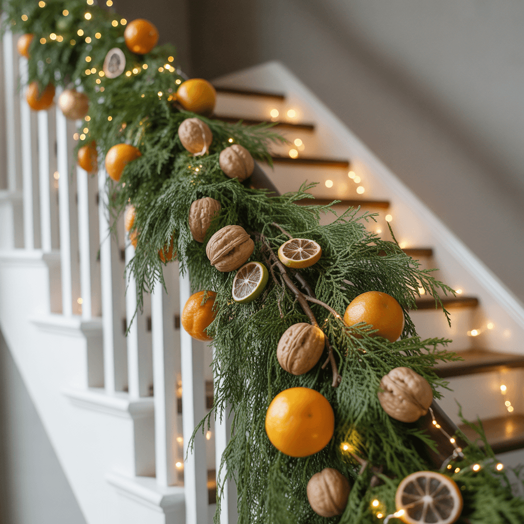 Dramatic staircase with fresh juniper garland studded with whole clementines and fairy lights