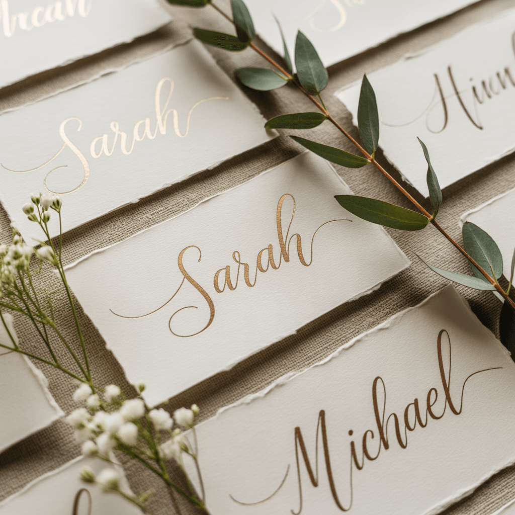 Elegant handwritten place cards on a Christmas table setting.