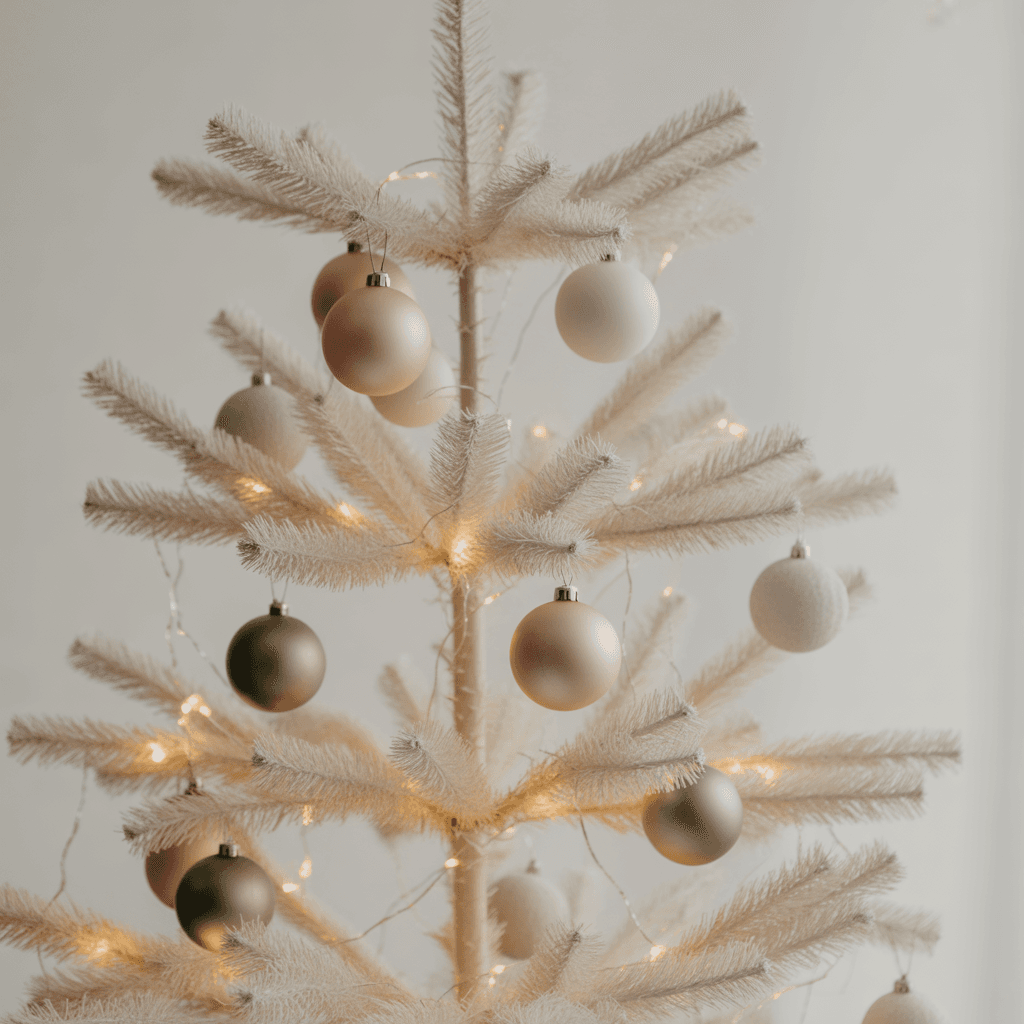 Elegant white Christmas tree with simple ornaments and warm lighting