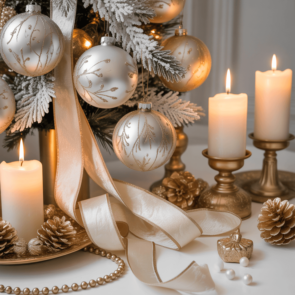 Elegant white and gold Christmas decorations on a mantel