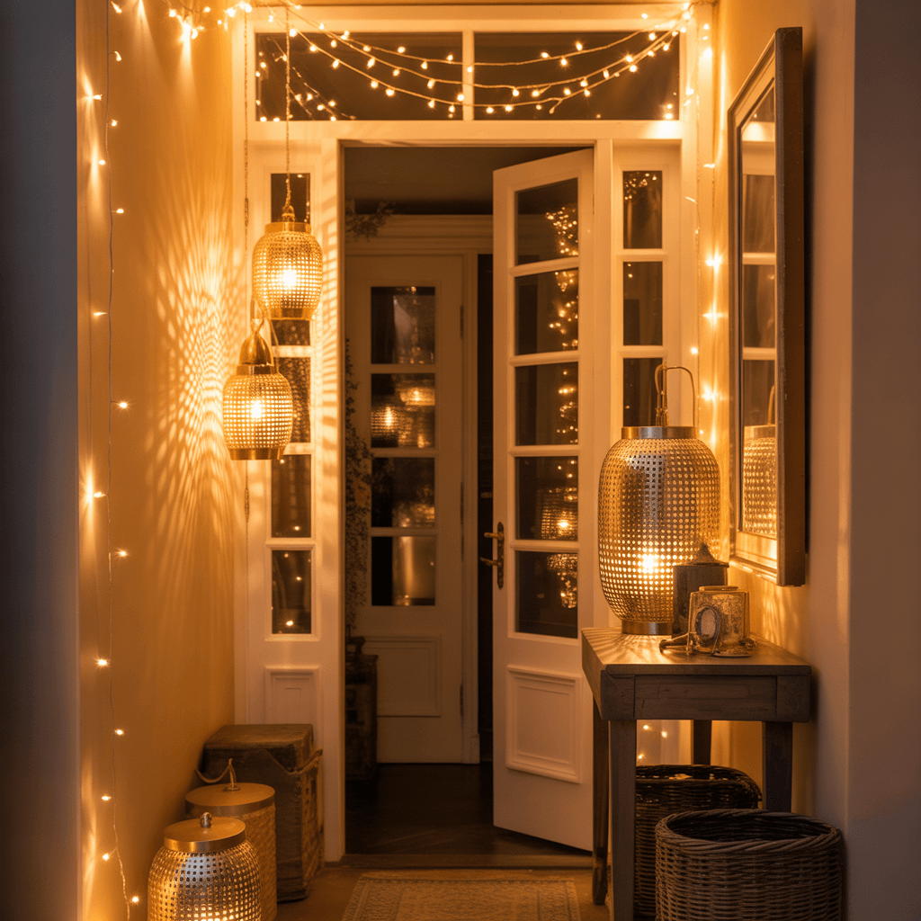 Entryway decorated with warm Christmas lights and lanterns