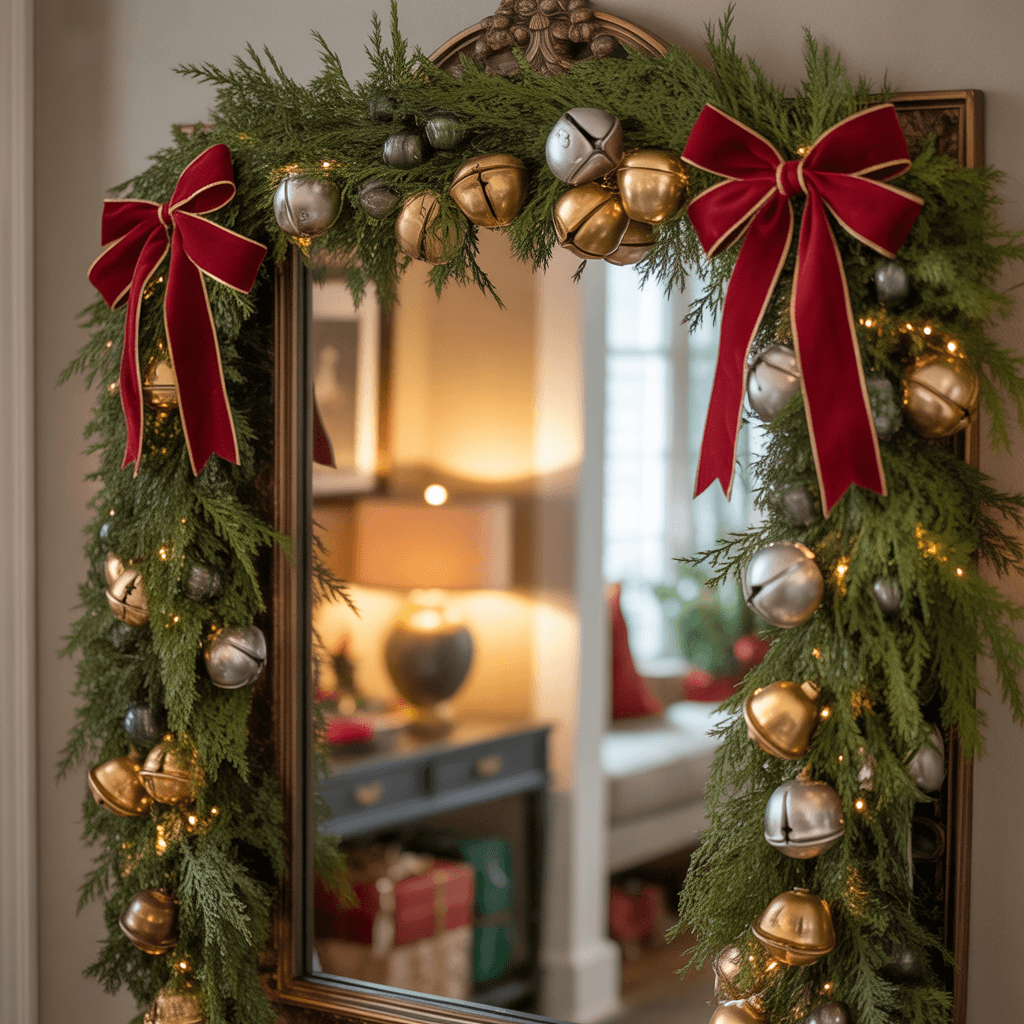 Entryway mirror decorated with greenery and gold Christmas bells