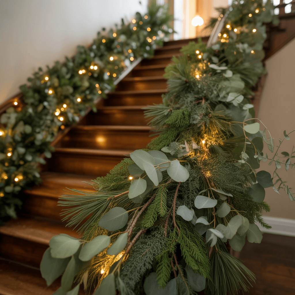  Eucalyptus and pine Christmas garland with warm lights in an entryway