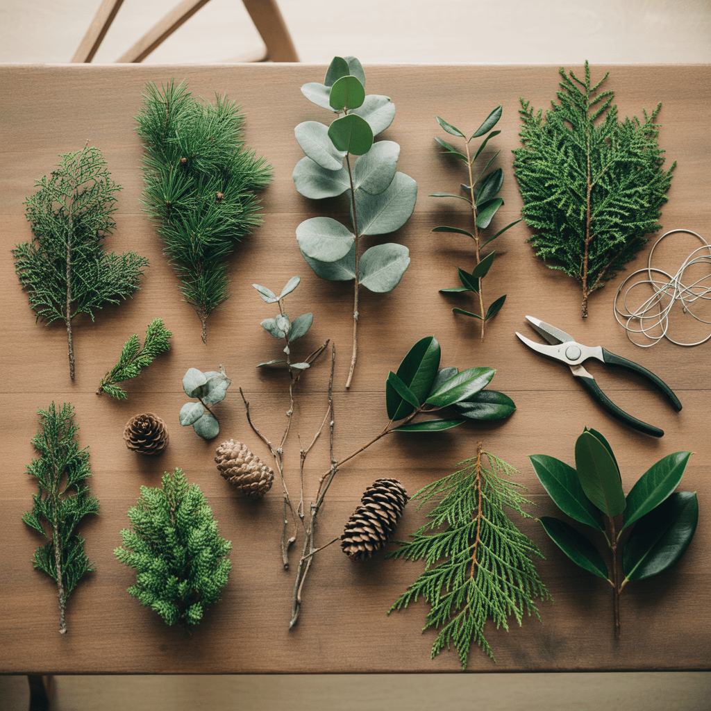 Flat lay of foraged Christmas decor including pine branches cedar magnolia leaves eucalyptus and pinecones on wooden table
