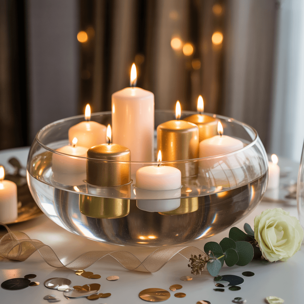 Floating candle idea from 10 easy DIY New Year centerpieces using candles.