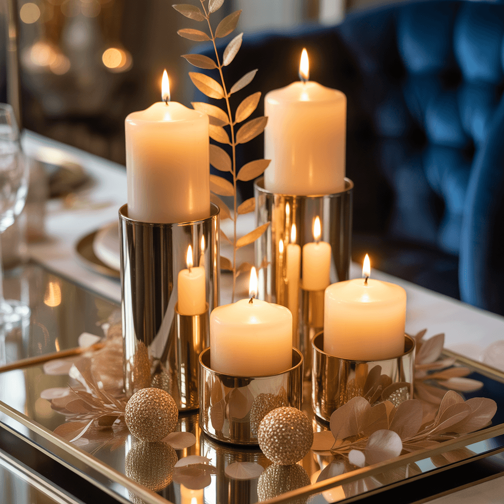 Glamorous gold idea from 10 easy DIY New Year centerpieces using candles.