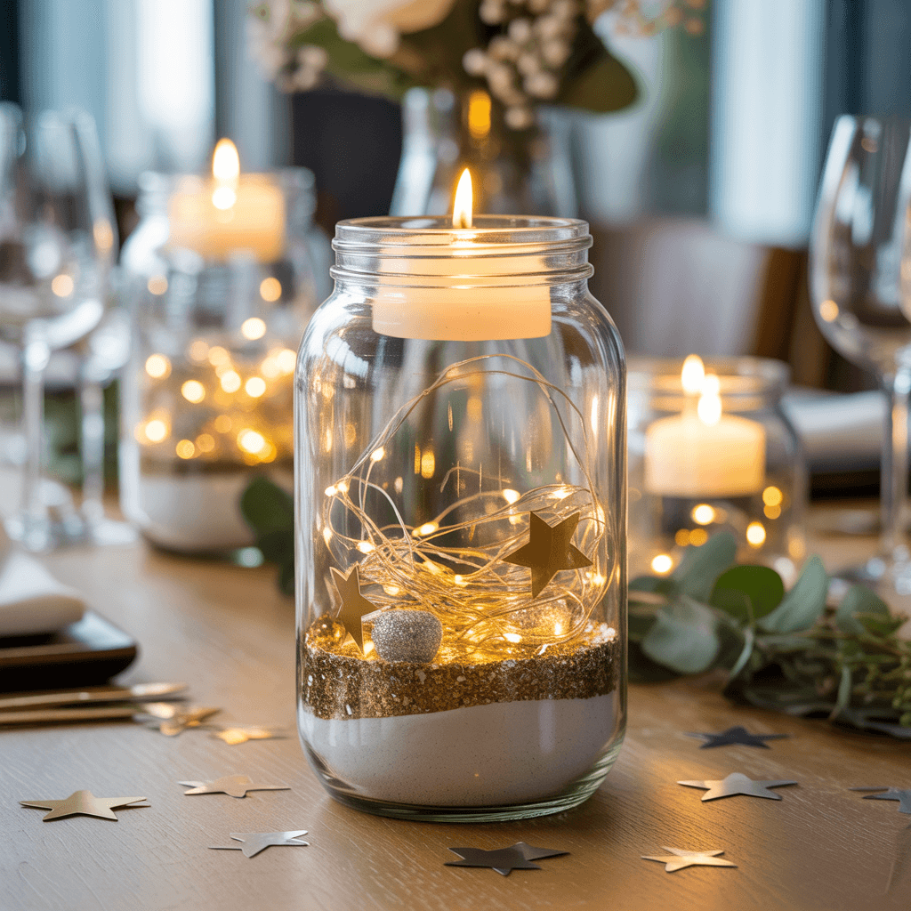 Glass jar style from the 10 easy DIY New Year centerpieces using candles.