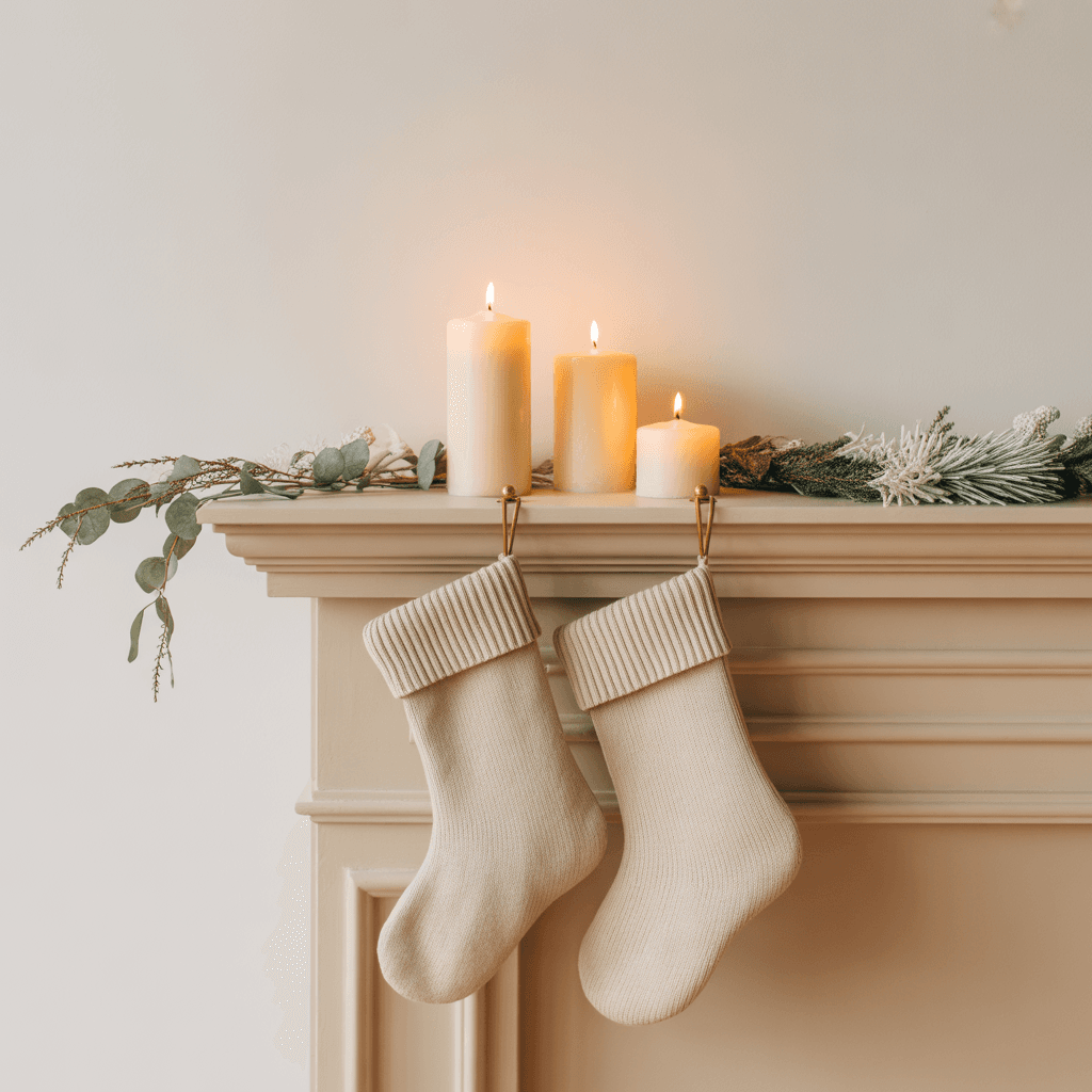 Greenery and pine branches styled with beige Christmas décor.
