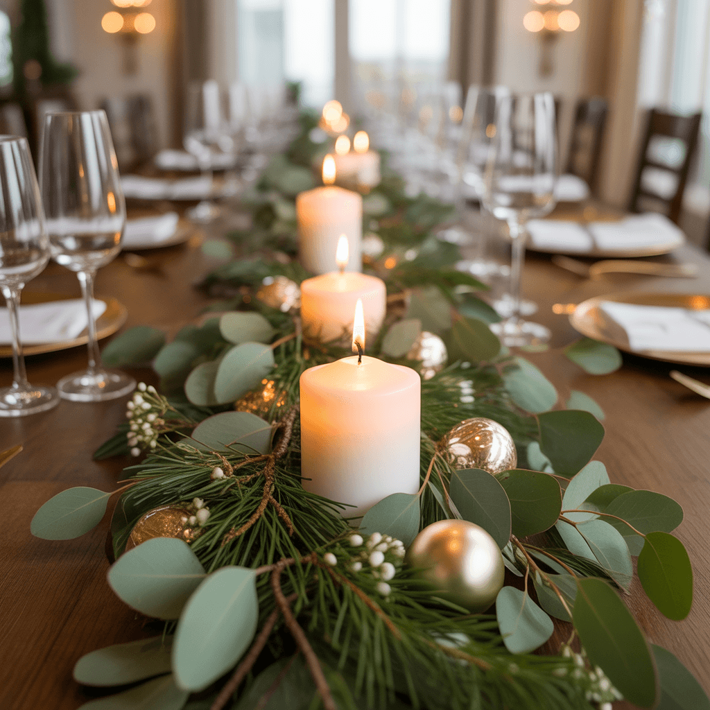 Greenery centerpiece idea from 10 easy DIY New Year centerpieces using candles.