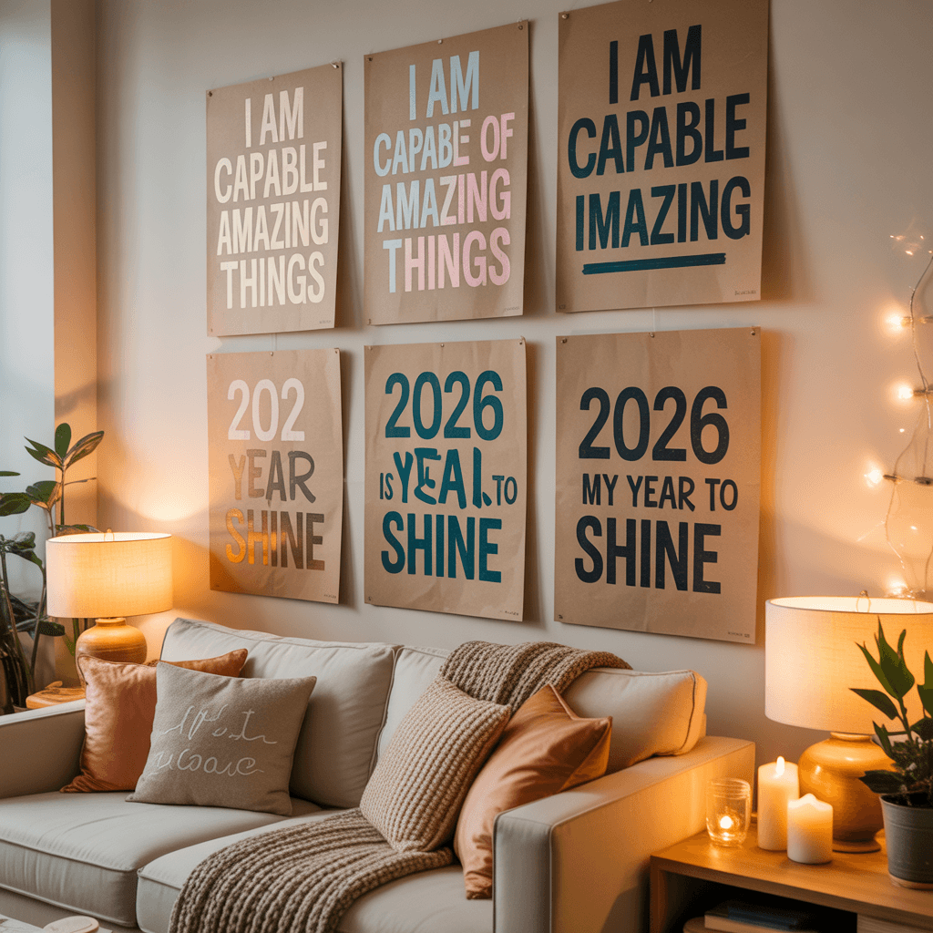 Handwritten DIY New Year affirmation decor on wall