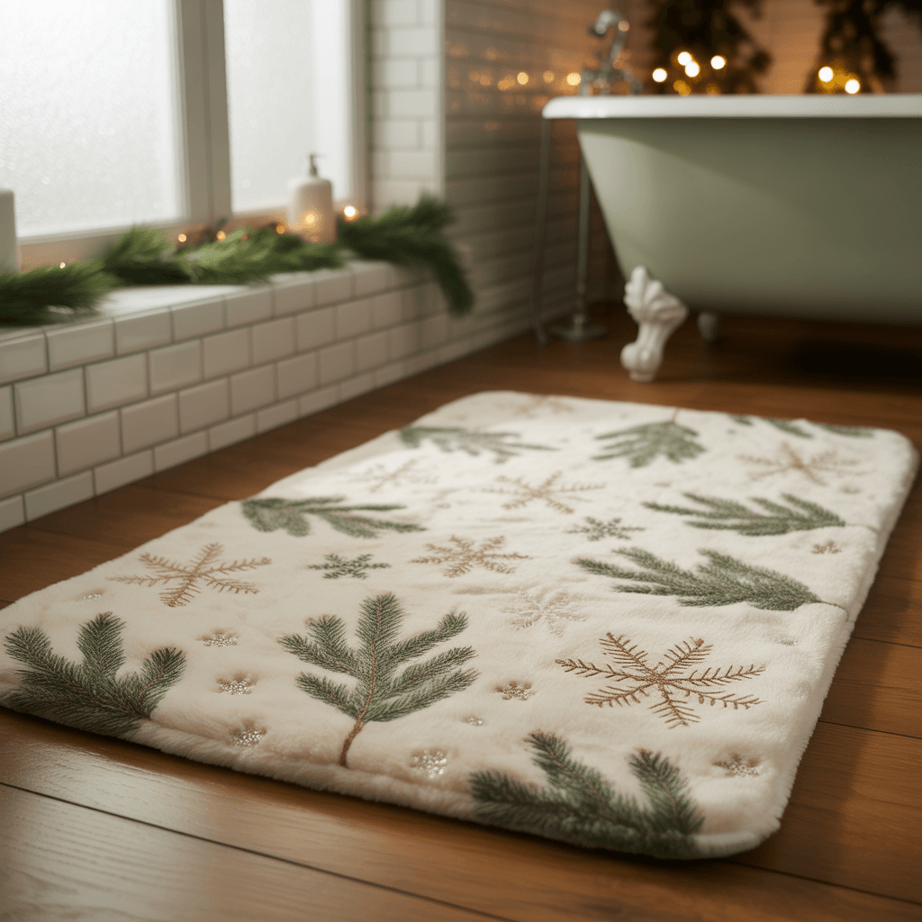 Holiday bath mat styled for Christmas bathroom décor.